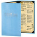 A blue Menu Solutions customizable menu cover with white corners.