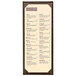 A brown and white Menu Solutions Wicker menu cover with one view.