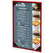 A red and white Menu Solutions customizable menu board on a table with a picture of burgers.