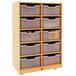 A Whitney Brothers wooden mobile storage cabinet with 10 cubbies.