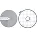 A Robot Coupe 9/16" dicing disc, a circular silver disc with a hole and a metal handle.