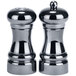 A silver and black salt and pepper shaker set.