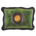 A green and black Elite Global Solutions rectangular melamine platter with a yellow circle in the center.
