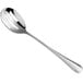 An Acopa Edgeworth stainless steel slotted spoon with a white background.