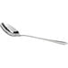 An Acopa Edgeworth stainless steel slotted spoon with a silver handle and spoon end.