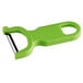 A green peeler with a black handle.