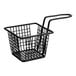 A small black square wire fry basket with a handle.