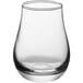 An Acopa whiskey tulip glass with a clear bowl and black rim.