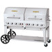 A silver Crown Verity portable outdoor grill on wheels.