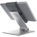 A silver metal Durable desktop tablet holder with a tablet on top.
