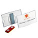 A rectangular clear acrylic name badge holder with magnet clip.