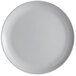 An Arcoroc granite gray opal glass coupe plate with a small white rim on a white background.