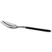 A stainless steel Libbey demitasse spoon with a black handle.