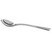 A silver stainless steel bouillon spoon with a curved handle.