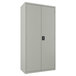 A light gray steel wardrobe cabinet with two doors and a black handle.