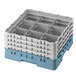 A teal plastic Cambro glass rack with 9 compartments and 6 extenders.