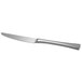 A close-up of a Reserve by Libbey Lucine stainless steel dinner knife with a silver handle.
