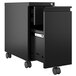 A black Hirsh Industries mobile file cabinet with wheels and a drawer.