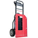 A red and black Magliner motorized hand truck with pneumatic wheels.
