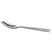 A silver stainless steel demitasse spoon with a silver handle.