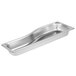 A Vollrath stainless steel long decorative food pan with a curved edge.