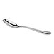 A shiny, stainless steel spoon with a gently curved handle and a reflective surface, shown on a white background.