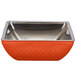 An orange square Bon Chef bowl with a diamond pattern on the counter.