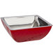A red and silver Bon Chef Diamond Collection square bowl on a counter.