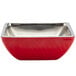 A red and silver Bon Chef square bowl on a counter.