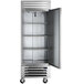 A silver Beverage-Air reach-in freezer with a solid door.