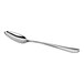 A shiny, stainless steel spoon with an oval bowl and a gently curved handle is shown against a white background.
