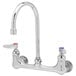 A chrome T&S wall mount pantry faucet with two handles and swivel gooseneck.