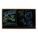 An Aarco oak frame black marker board with a drawing of a man holding a pizza on it.