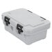 A speckled gray plastic box with black handles.