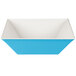 A blue and white square melamine bowl.
