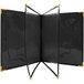 A black menu cover with gold trim and black interior holding 6 pages.