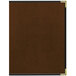 A brown leather H. Risch, Inc. Tamarac menu cover with black trim and gold corners.