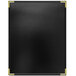 A black leather rectangular menu cover with gold corners.