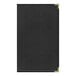 A black leather menu cover with white border and gold trim.