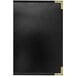 A black leather menu cover with gold corners and border.