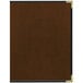 A brown leather H. Risch, Inc. menu cover with black trim and gold corners.