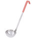 A Vollrath stainless steel ladle with an orange Kool-Touch handle.
