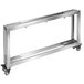 A brushed stainless steel foldaway table frame with wheels.