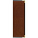 A brown leather menu cover with black corners and trim.