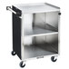 A Lakeside stainless steel utility cart with black laminate shelves.