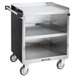 A Lakeside stainless steel utility cart with two shelves and black wheels.