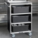 A Lakeside stainless steel utility cart with black laminate shelves and enclosed base holding black bins.