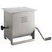 A grey metal Backyard Pro meat mixer with clear lid and handle.