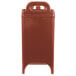 A brick red plastic Cambro soup carrier with a handle.