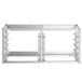 A silver stainless steel Regency wall mounted sheet pan rack with three metal shelves.